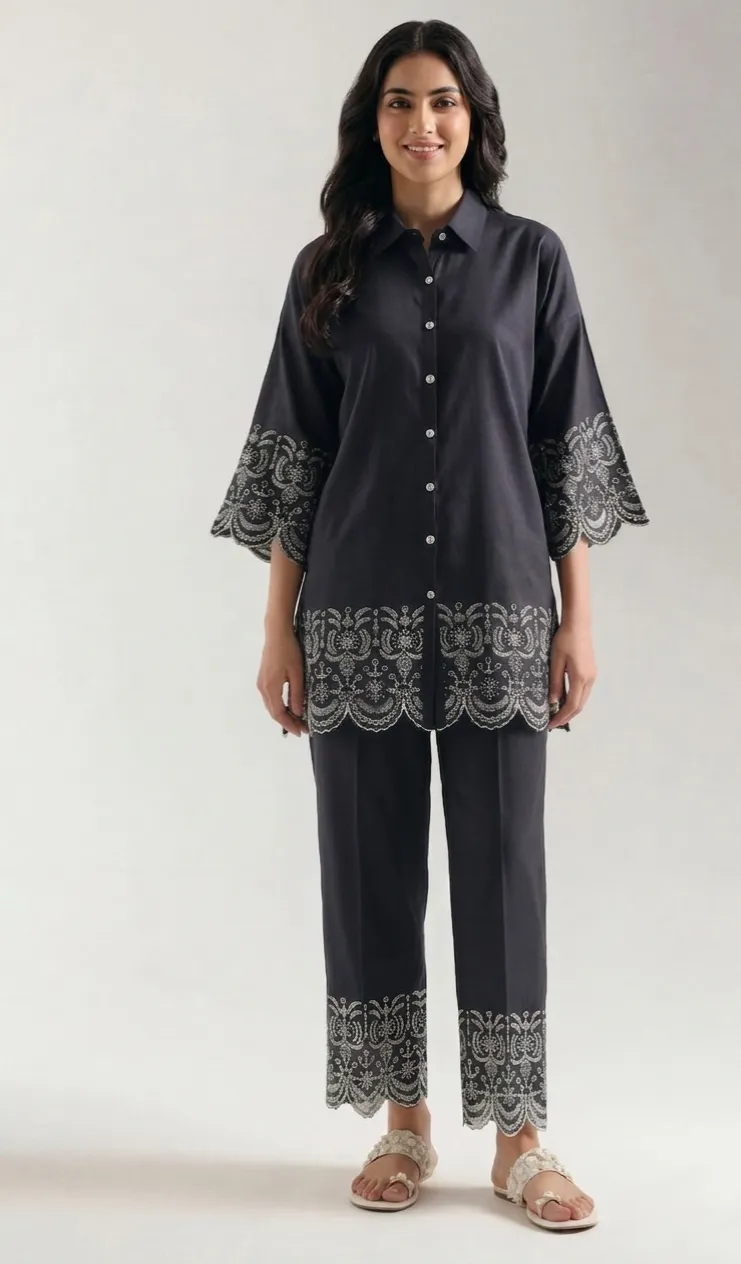 Solid Embroidered Cotton Stitched 2 Piece (Shirt/Trouser)