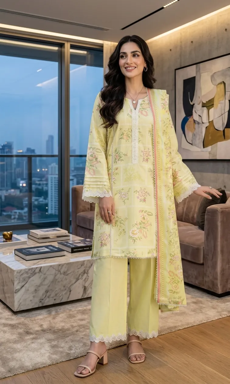 Unstitched Printed Embroidered Arabic Lawn 3 Piece