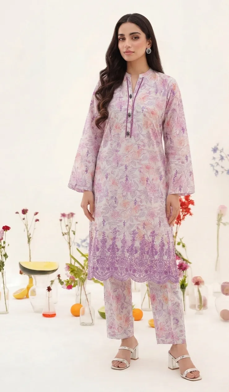 Stitched Self Strip Lawn Suit – Printed Embroidered (2PC Or Shirt)