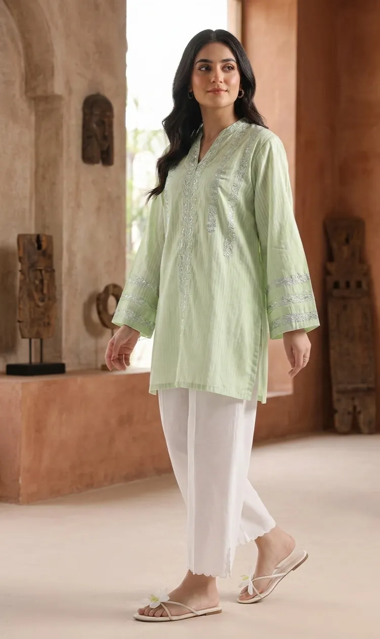 Solid Embroidered Self Strip Lawn Stitched Shirt