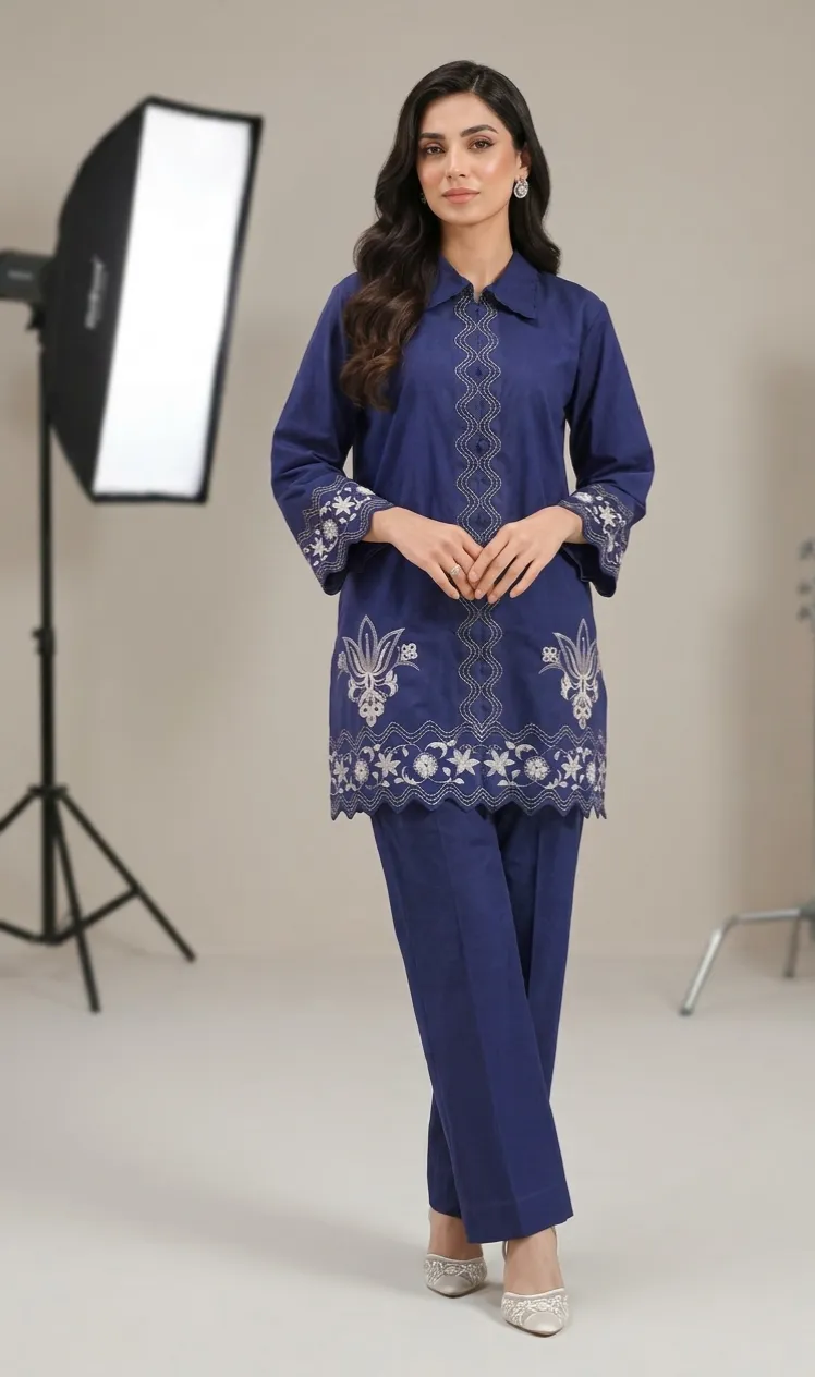 Solid Embroidered Poplin Stitched 2 piece (Shirt/Trouser)